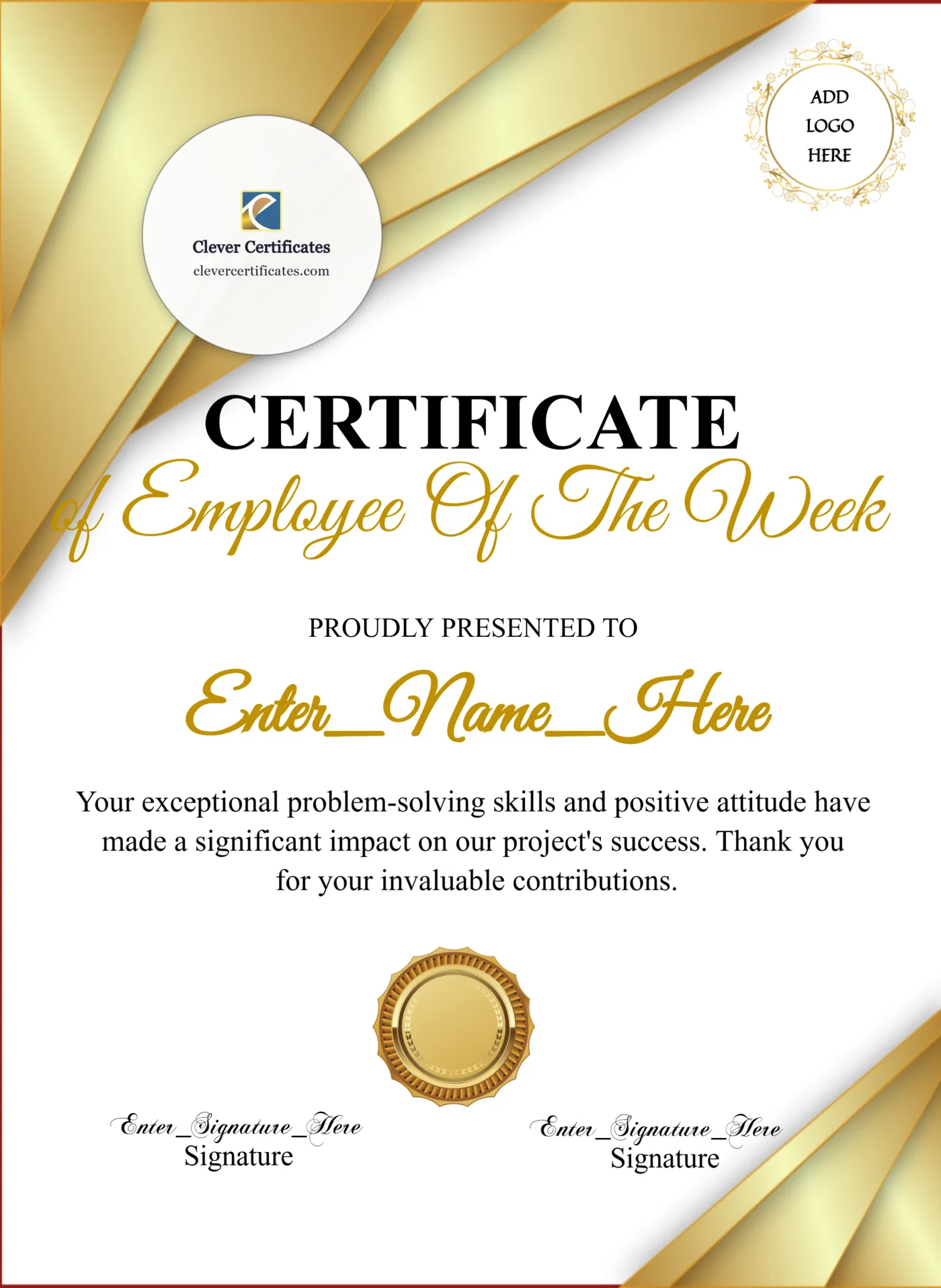 Employee Of The Week Classic Gold Portrait — Certificate Template Preview