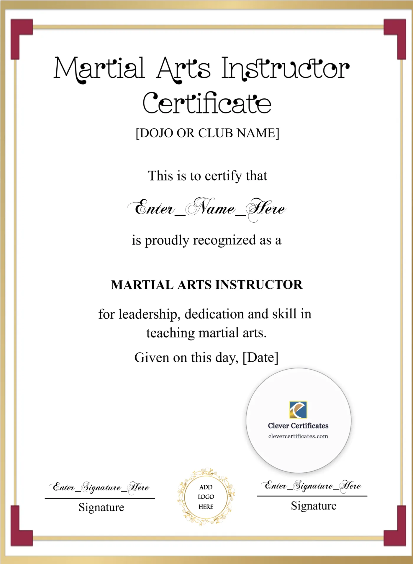 Martial Arts Instructor Certificate Portrait — Certificate Template Preview