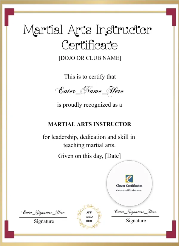 Martial Arts Instructor Certificate Portrait — Certificate Template Preview