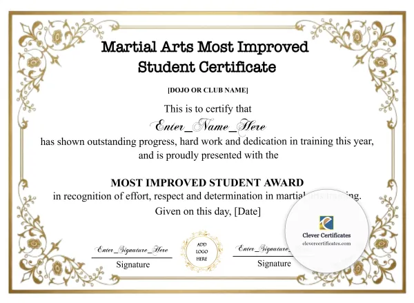 Free Martial Arts Most Improved Student Certificate — Gold Floral Landscape
