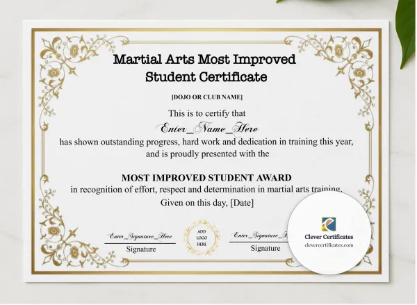 Martial Arts Most Improved Student Certificate presented in a sleek wooden frame, elegantly arranged on a stylish table.