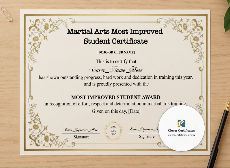 Professional preview of Martial Arts Most Improved Student Certificate certificate on high-quality stationery paper, ideal for showcasing the final look.