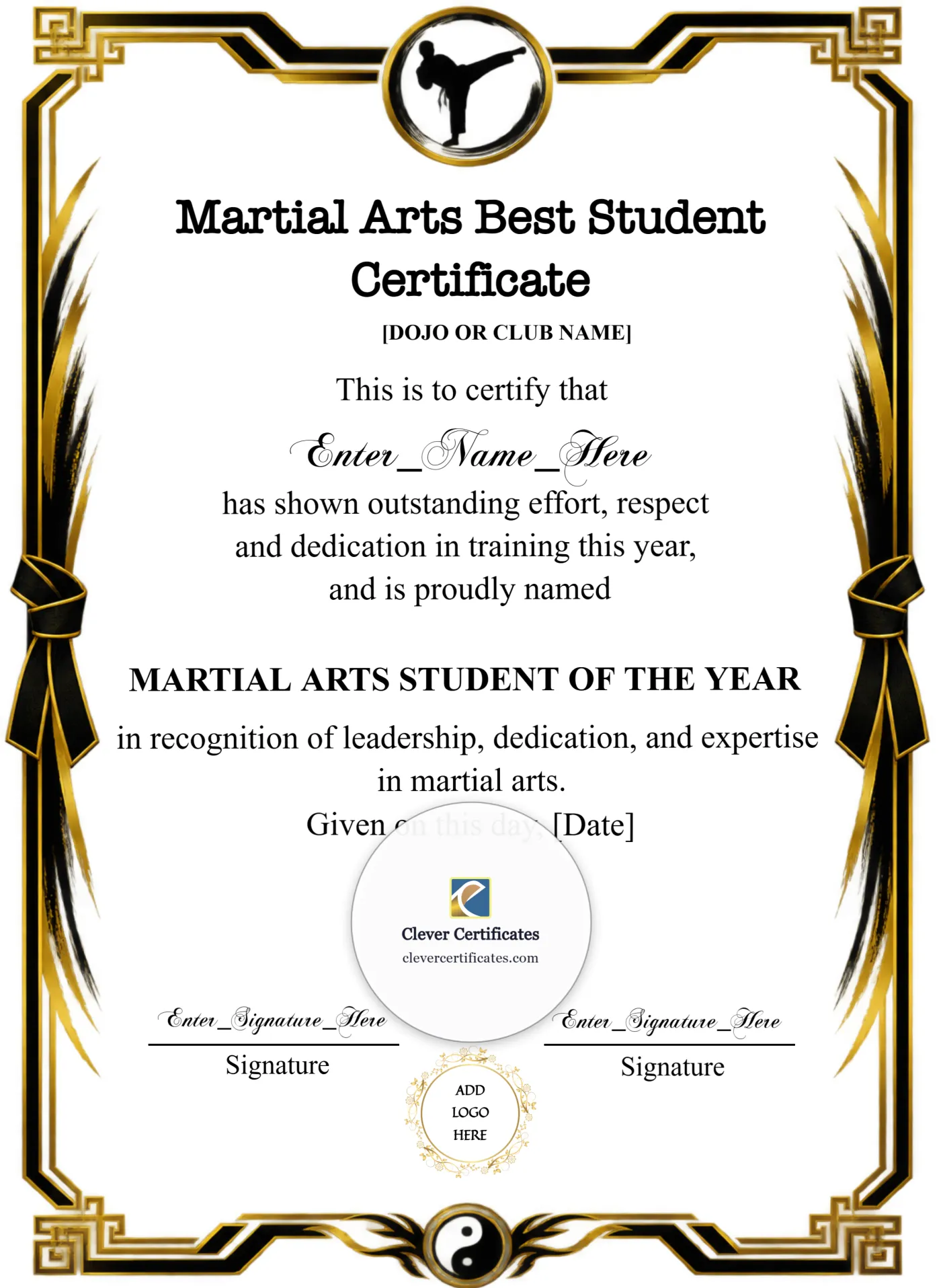 Martial Arts Student Of The Year Certificate Portrait — Certificate Template Preview