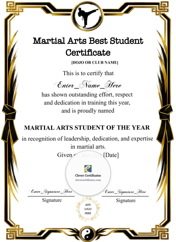 Martial Arts Student Of The Year Certificate Portrait — Certificate Template Preview