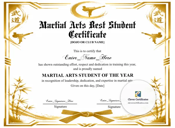 Free Martial Arts Student Of The Year Certificate — Gold Bamboo Landscape