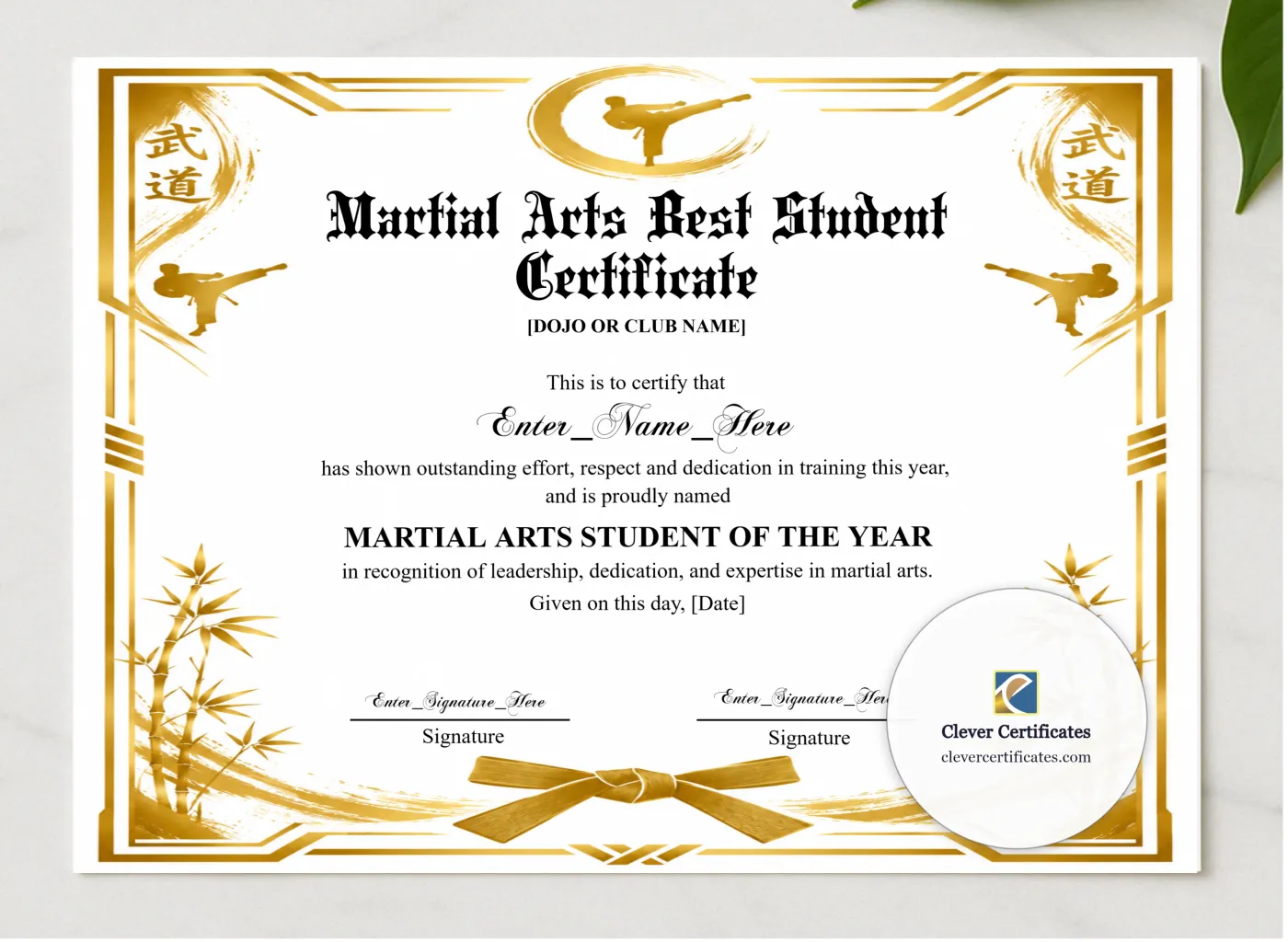 Martial Arts Student Of The Year Certificate presented in a sleek wooden frame, elegantly arranged on a stylish table.