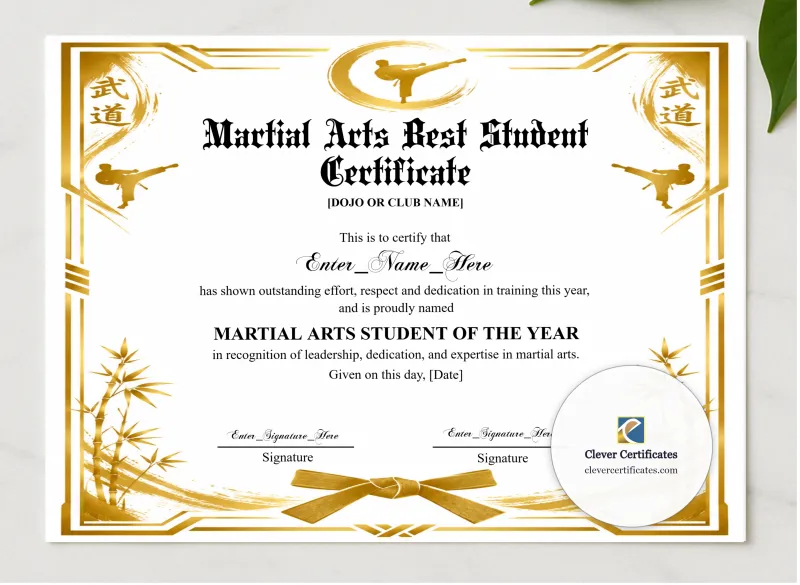 Martial Arts Student Of The Year Certificate presented in a sleek wooden frame, elegantly arranged on a stylish table.