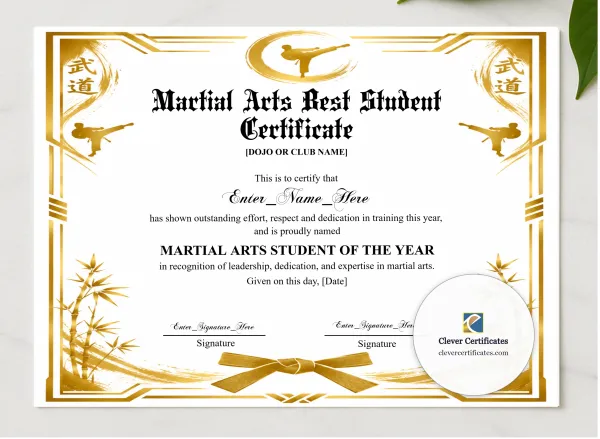 Martial Arts Student Of The Year Certificate presented in a sleek wooden frame, elegantly arranged on a stylish table.