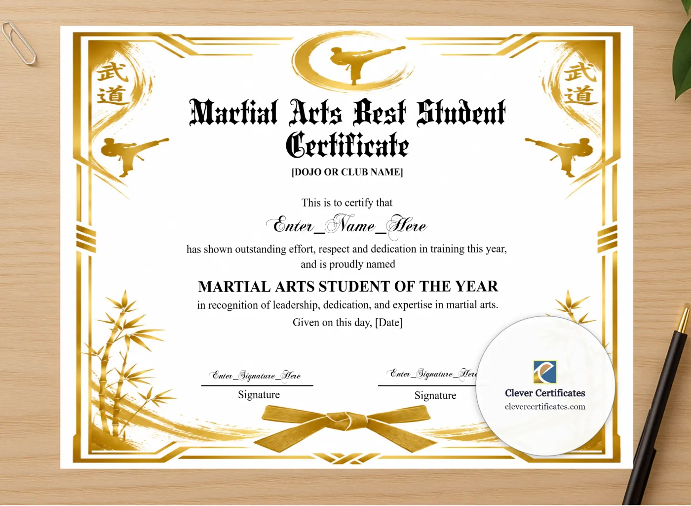 Professional preview of Martial Arts Student Of The Year Certificate certificate on high-quality stationery paper, ideal for showcasing the final look.