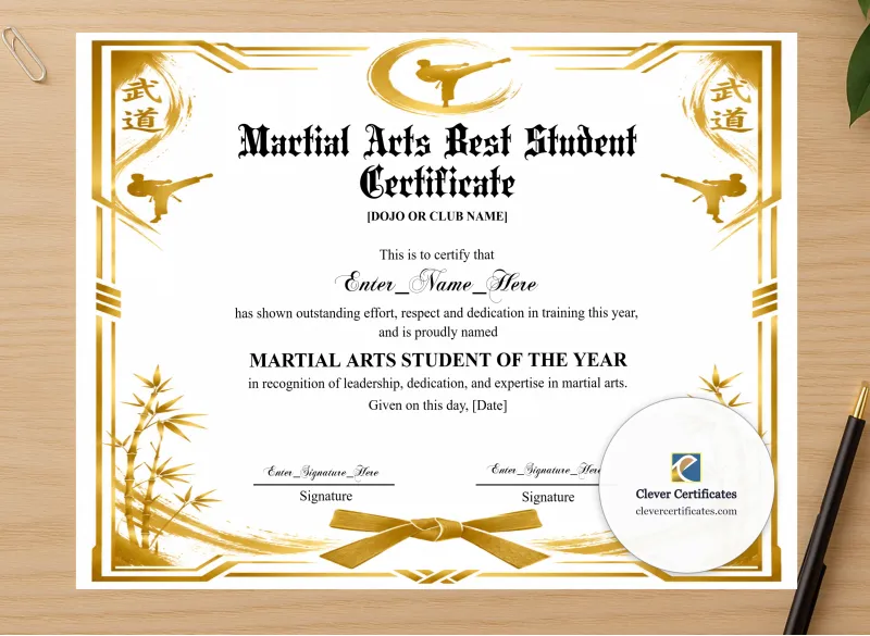 Professional preview of Martial Arts Student Of The Year Certificate certificate on high-quality stationery paper, ideal for showcasing the final look.