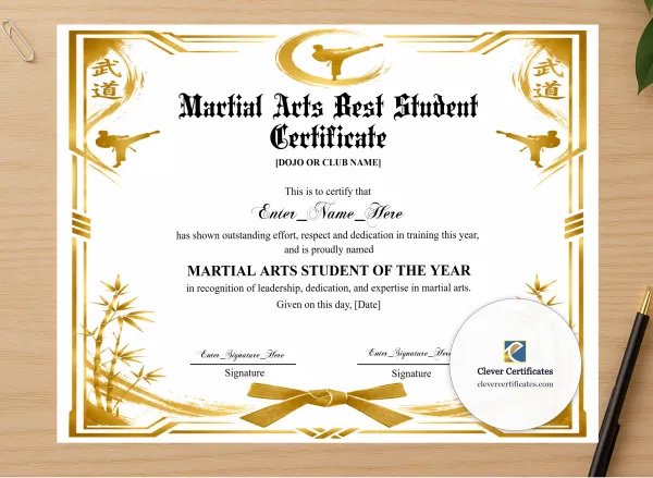 Professional preview of Martial Arts Student Of The Year Certificate certificate on high-quality stationery paper, ideal for showcasing the final look.