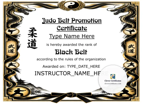 Free Judo Rank Certificate — Black And Gold Dragon Landscape