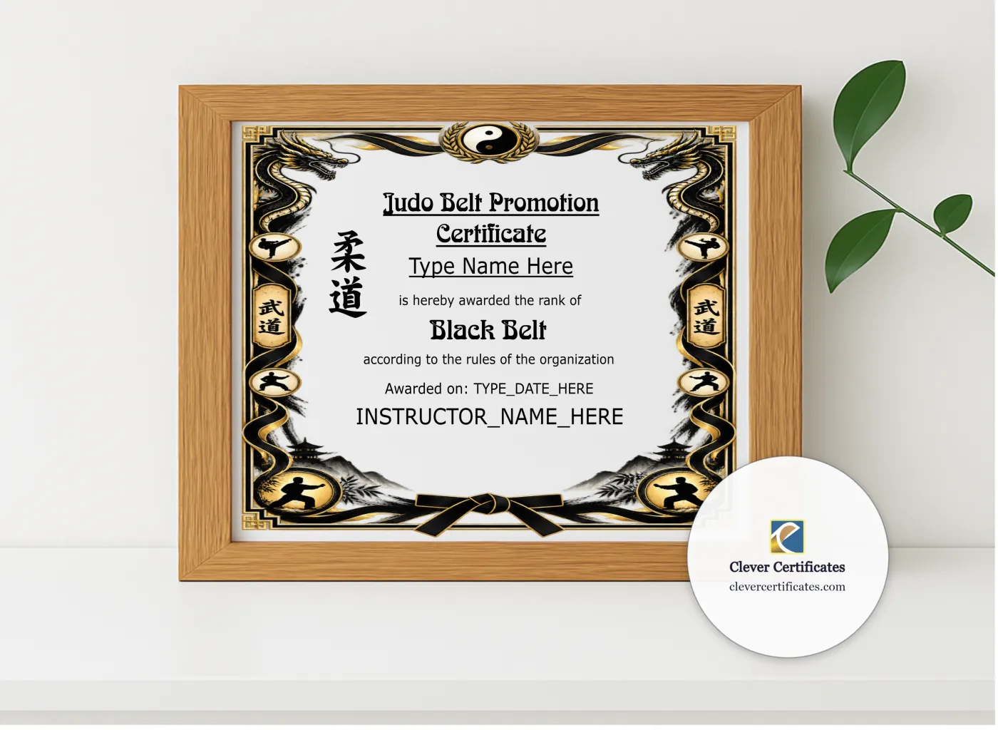 Realistic mockup featuring Judo Rank Certificate Black And Gold Landscape displayed within a modern frame, set against a minimalistic background.