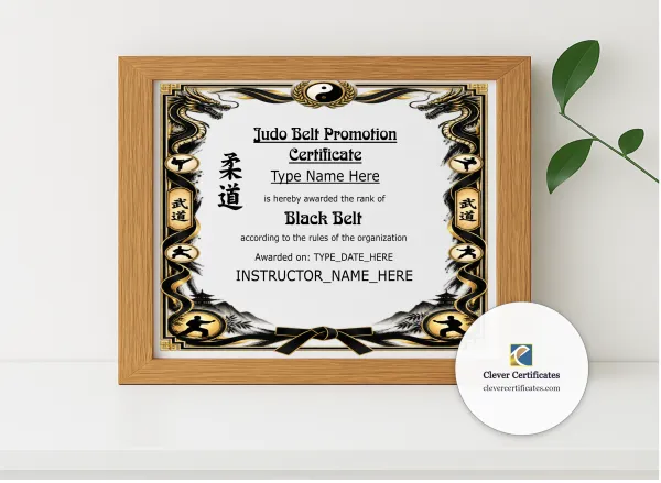 Realistic mockup featuring Judo Rank Certificate Black And Gold Landscape displayed within a modern frame, set against a minimalistic background.