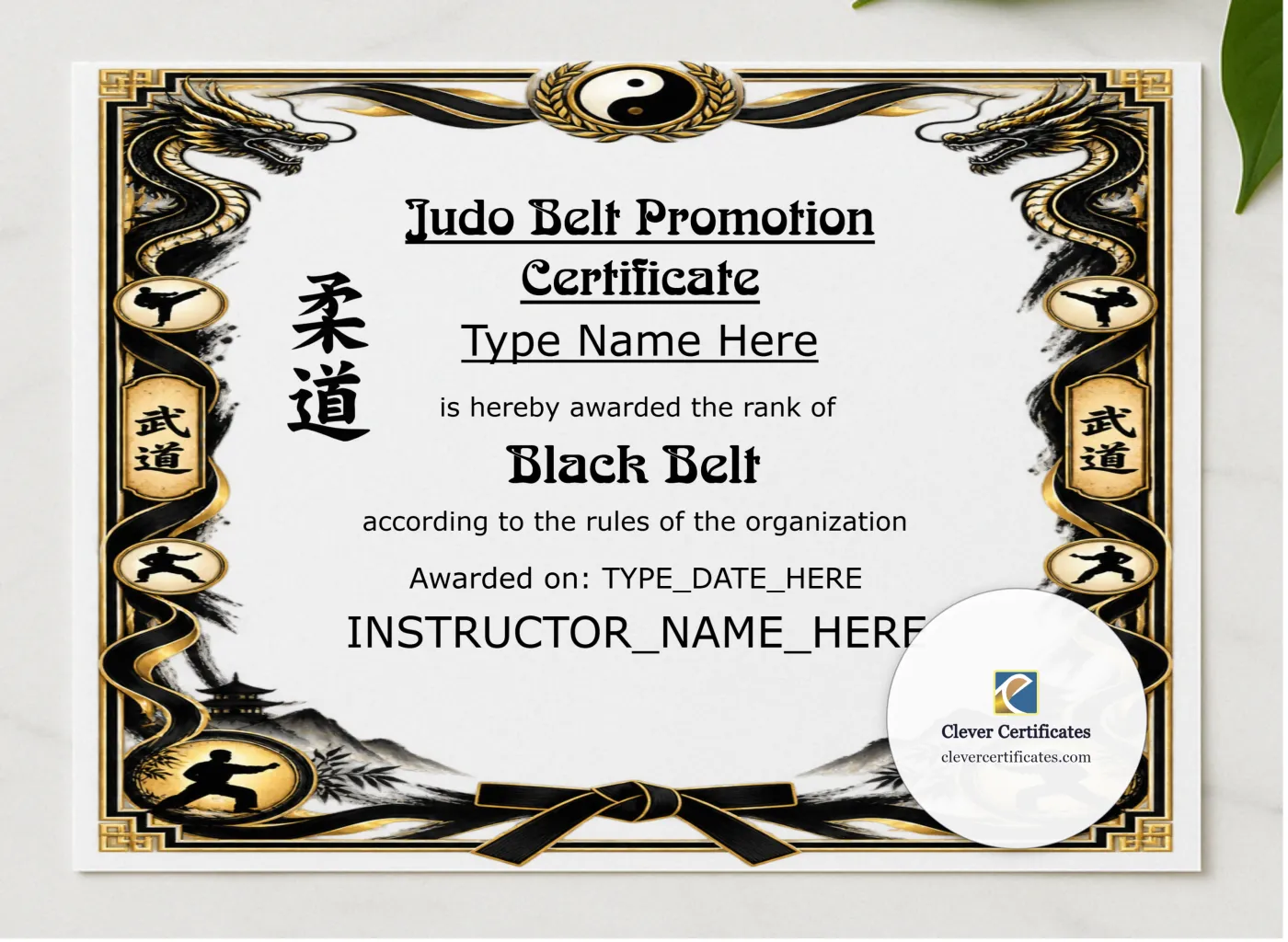 Judo Rank Certificate Black And Gold Landscape presented in a sleek wooden frame, elegantly arranged on a stylish table.