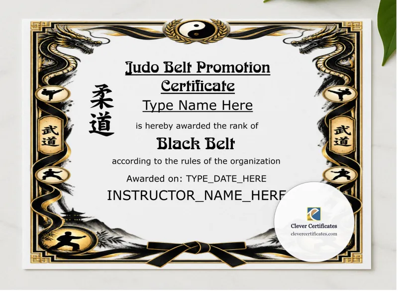 Judo Rank Certificate Black And Gold Landscape presented in a sleek wooden frame, elegantly arranged on a stylish table.