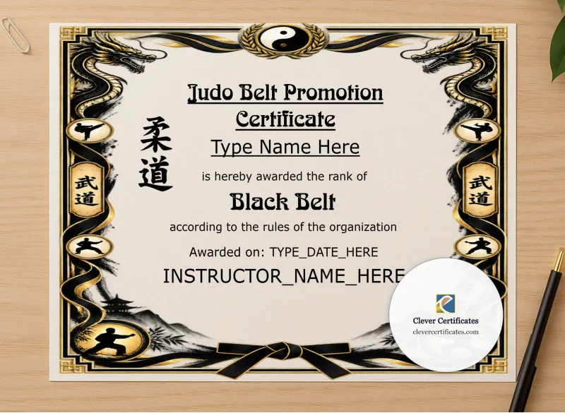 Professional preview of Judo Rank Certificate Black And Gold Landscape certificate on high-quality stationery paper, ideal for showcasing the final look.