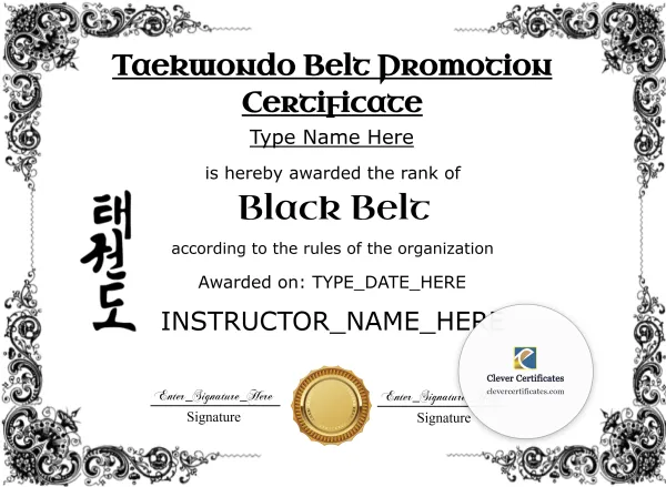 Free Taekwondo Black Belt Certificate — Black Ornate Landscape