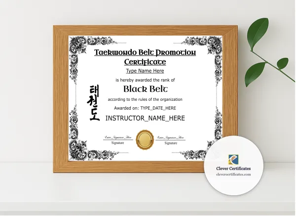 Realistic mockup featuring Taekwondo Black Belt Certificate Black And Gold Landscape displayed within a modern frame, set against a minimalistic background.