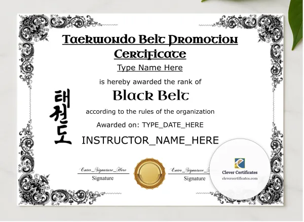 Taekwondo Black Belt Certificate Black And Gold Landscape presented in a sleek wooden frame, elegantly arranged on a stylish table.