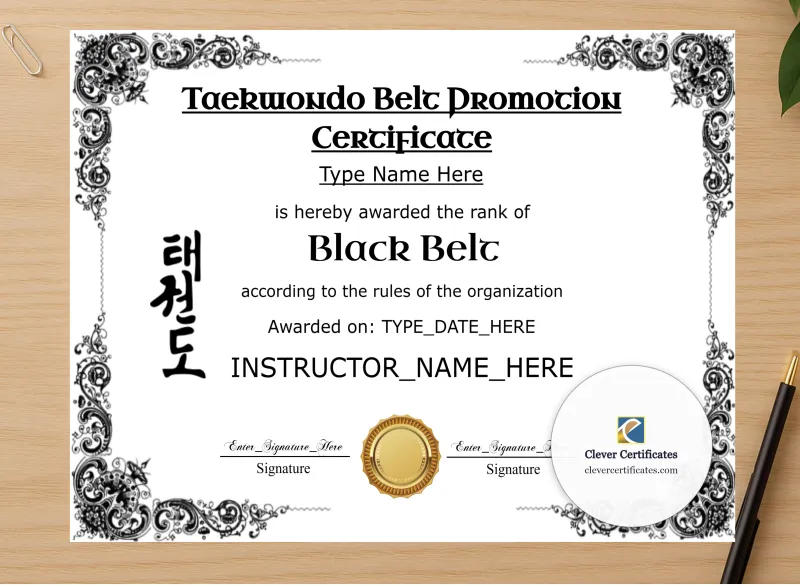 Professional preview of Taekwondo Black Belt Certificate Black And Gold Landscape certificate on high-quality stationery paper, ideal for showcasing the final look.