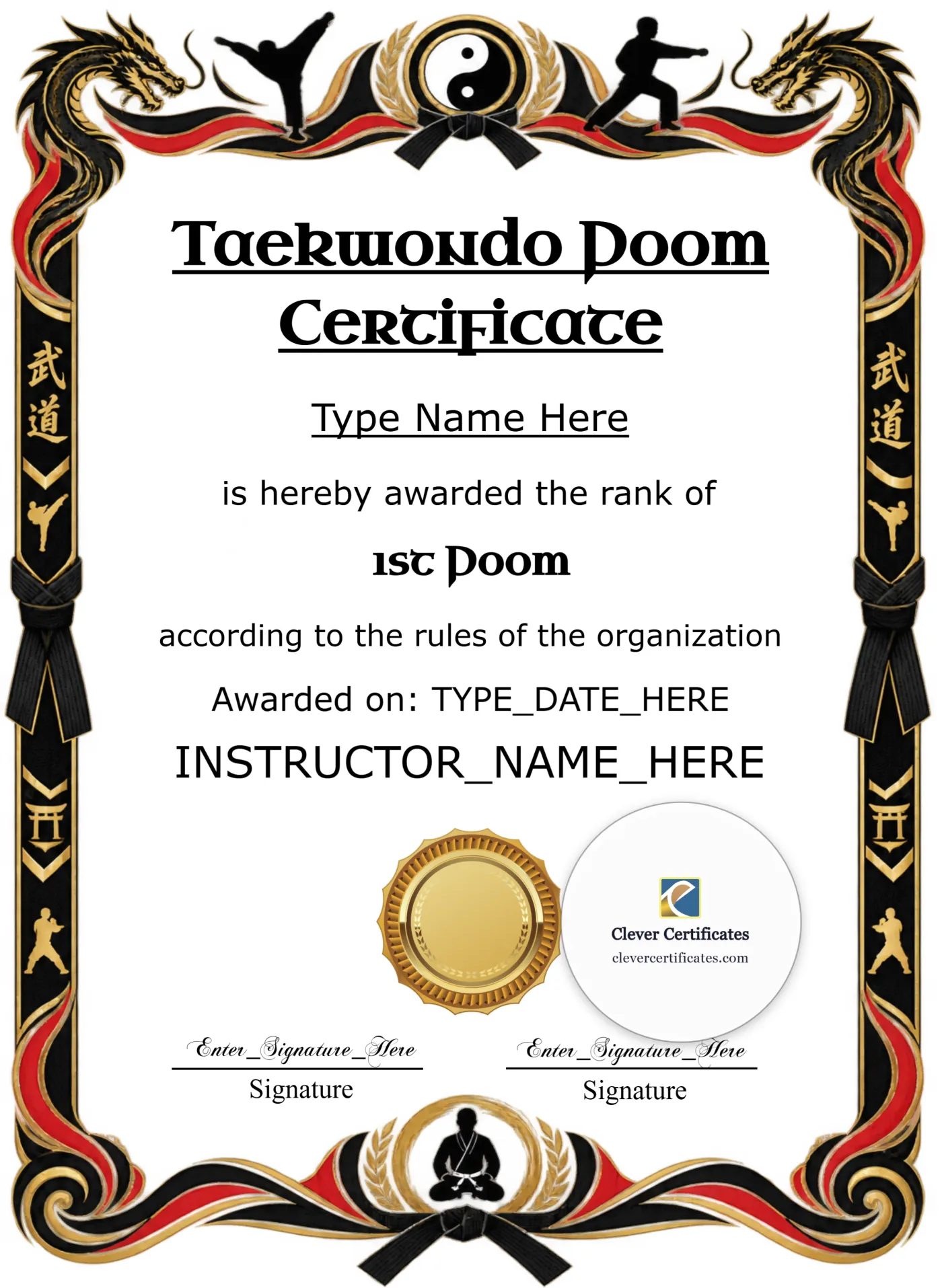 Taekwondo Poom Certificate Portrait — Certificate Template Preview