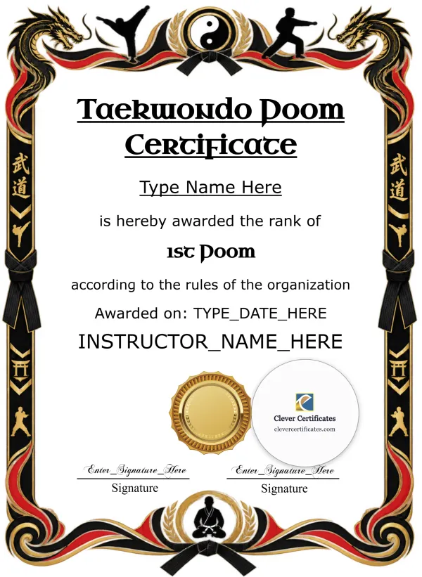 Taekwondo Poom Certificate Portrait — Certificate Template Preview