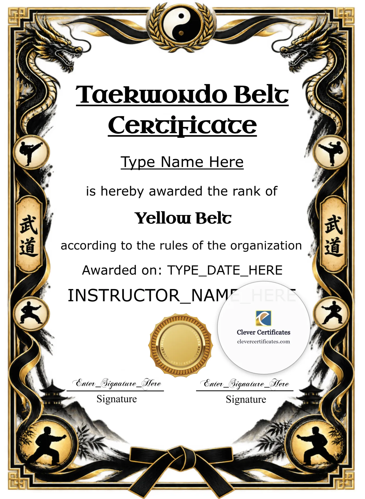 Taekwondo Color Belt Certificate Portrait — Certificate Template Preview
