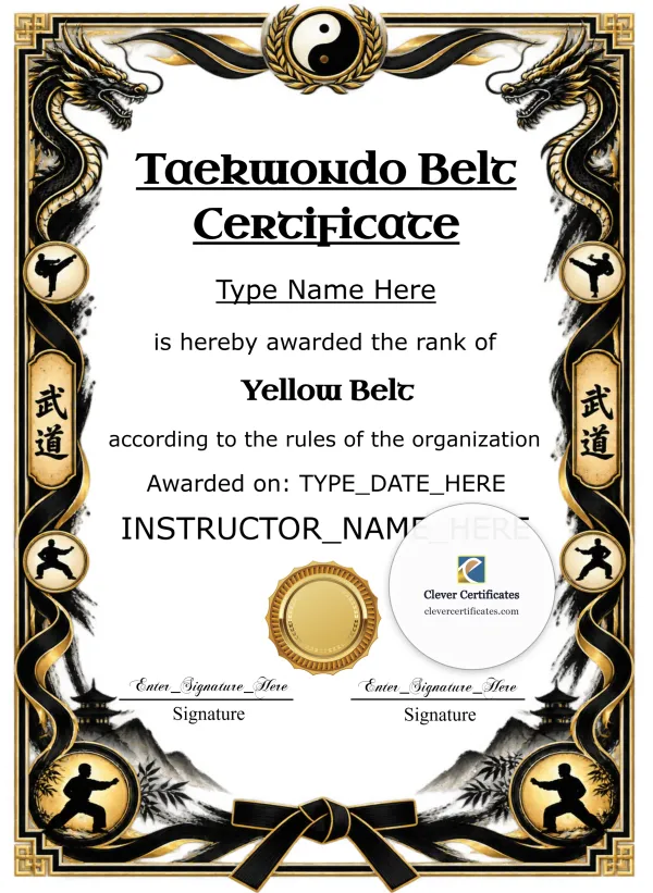 Taekwondo Color Belt Certificate Portrait — Certificate Template Preview