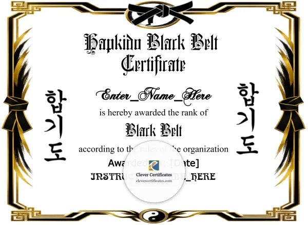 Free Hapkido Belt Promotion Certificate — Black And Gold Landscape