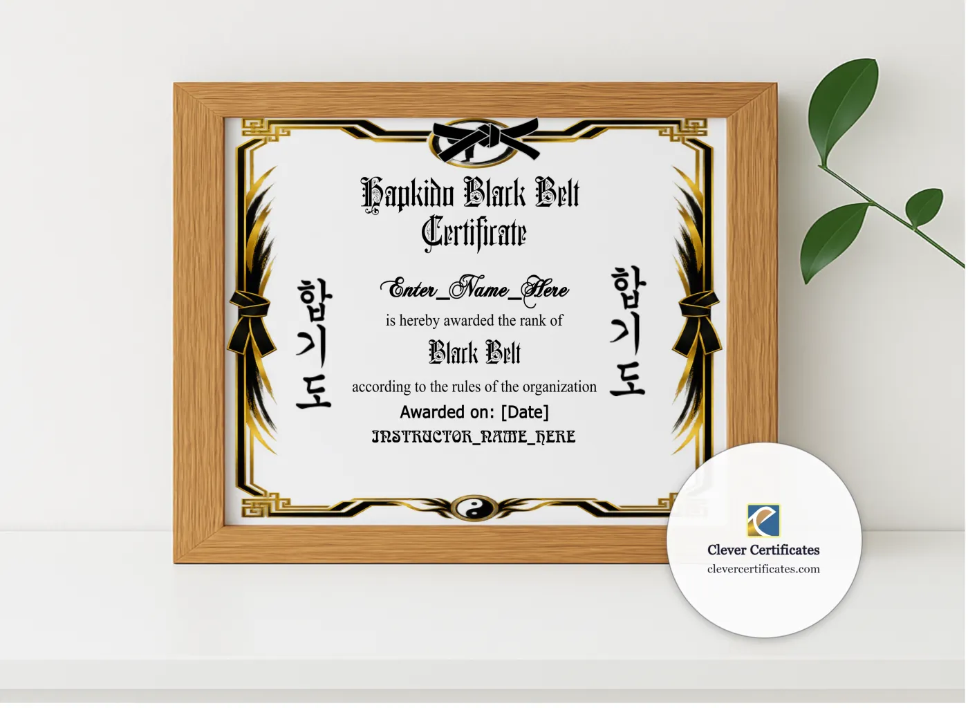 Realistic mockup featuring Hapkido Belt Promotion Certificate Landscape displayed within a modern frame, set against a minimalistic background.