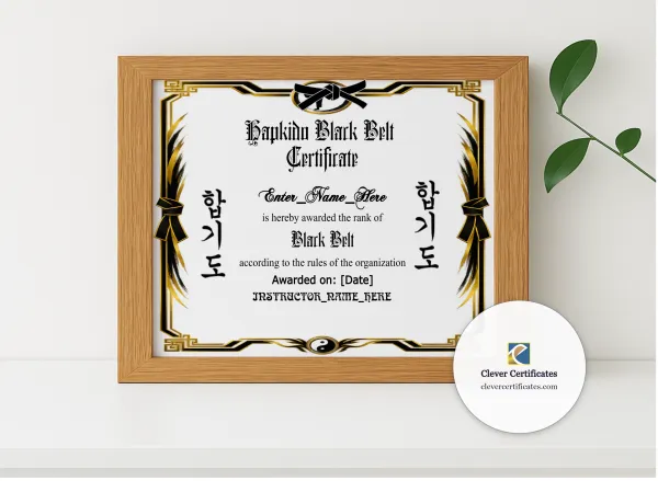 Realistic mockup featuring Hapkido Belt Promotion Certificate Landscape displayed within a modern frame, set against a minimalistic background.