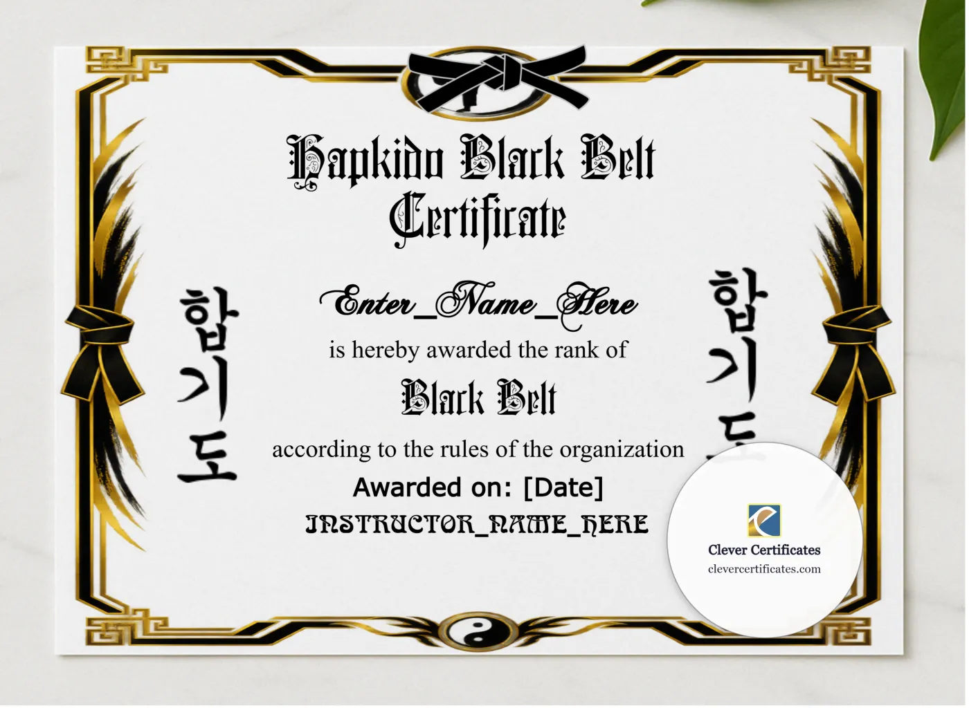 Hapkido Belt Promotion Certificate Landscape presented in a sleek wooden frame, elegantly arranged on a stylish table.