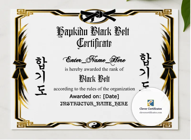Hapkido Belt Promotion Certificate Landscape presented in a sleek wooden frame, elegantly arranged on a stylish table.