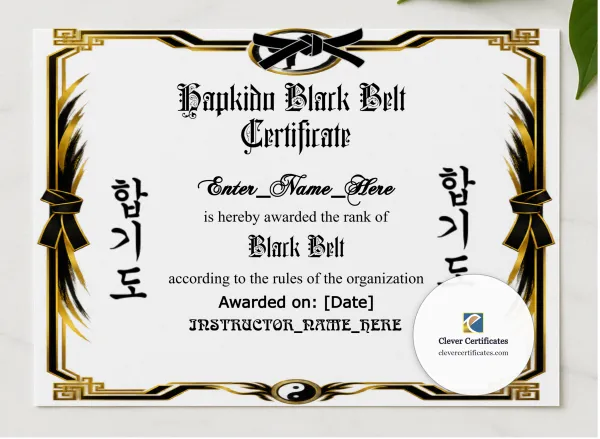 Hapkido Belt Promotion Certificate Landscape presented in a sleek wooden frame, elegantly arranged on a stylish table.