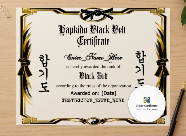 Professional preview of Hapkido Belt Promotion Certificate Landscape certificate on high-quality stationery paper, ideal for showcasing the final look.