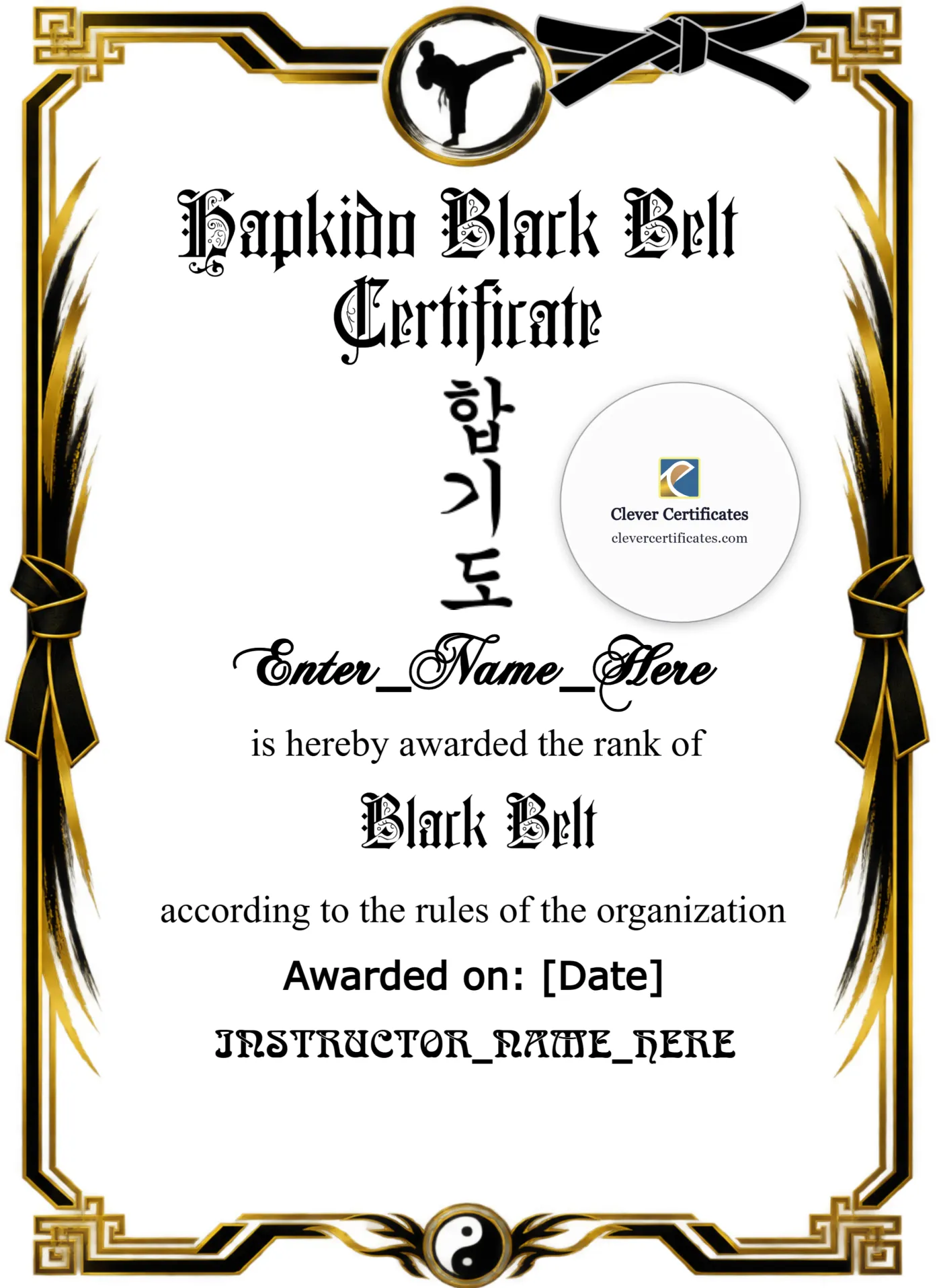 Hapkido Belt Promotion Certificate Portrait — Certificate Template Preview
