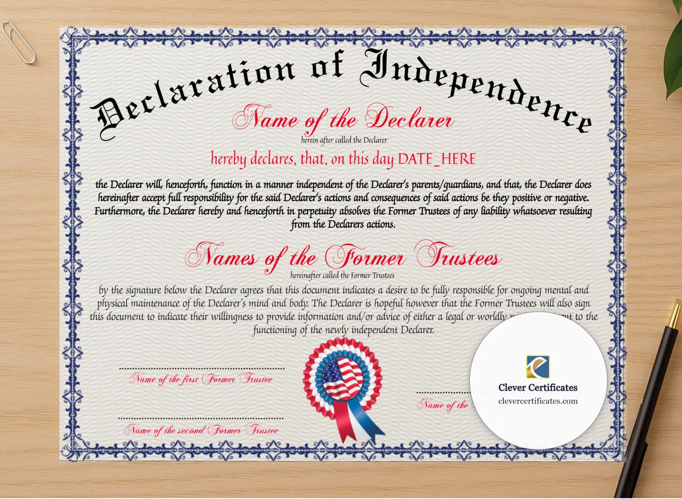 Professional preview of Declaration Of Independence certificate on high-quality stationery paper, ideal for showcasing the final look.