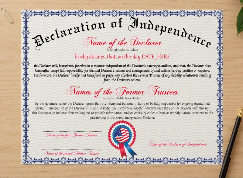 Professional preview of Declaration Of Independence certificate on high-quality stationery paper, ideal for showcasing the final look.