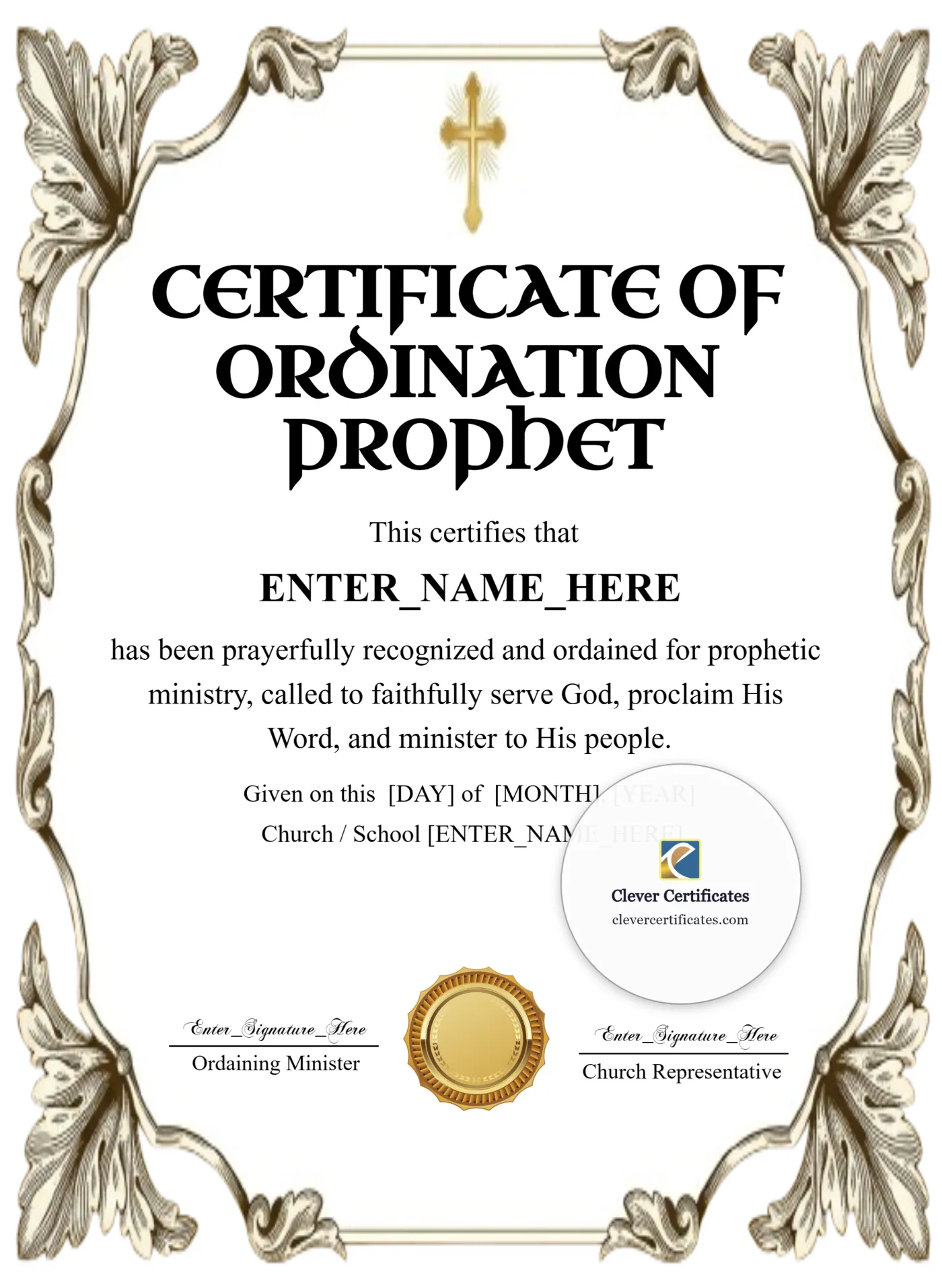 Prophet Ordination Certificate Classic Gold Portrait — Certificate Template Preview
