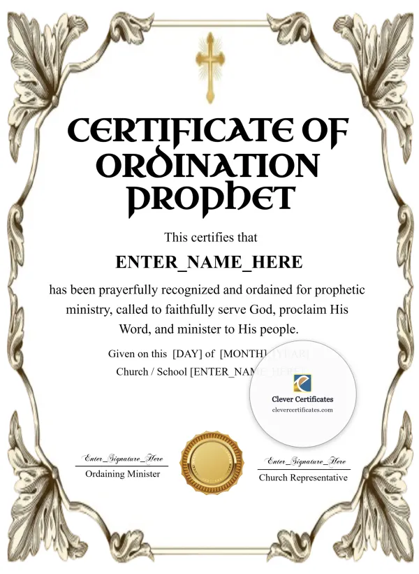 Free Prophet Ordination Certificate — Silver Acanthus Cross Portrait
