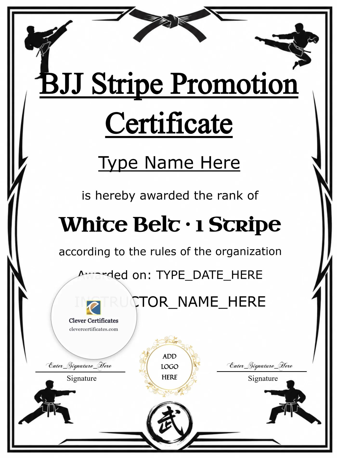 BJJ Stripe Promotion Certificate Portrait — Certificate Template Preview