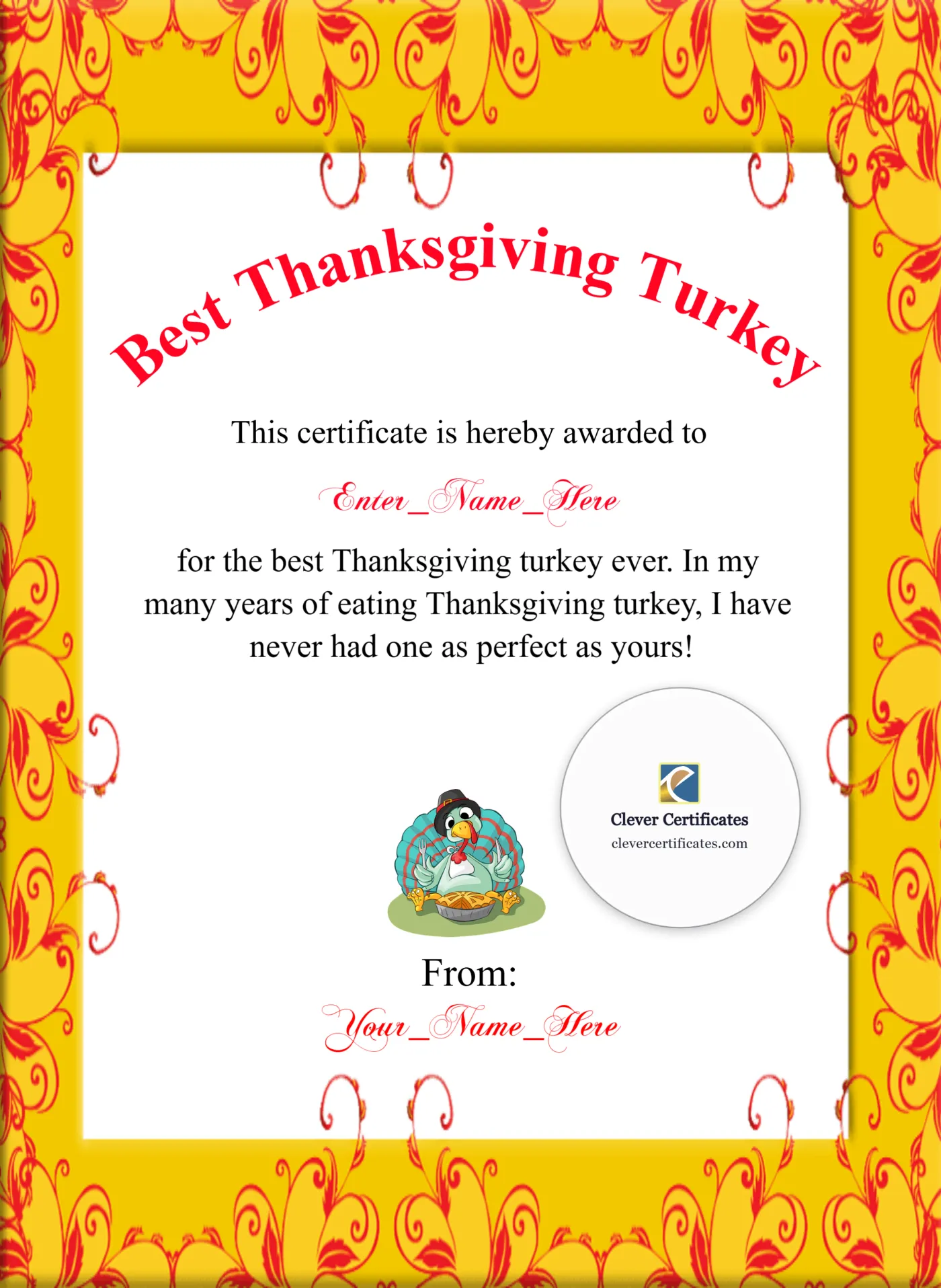 Best Thanksgiving Turkey Award Portrait — Certificate Template Preview
