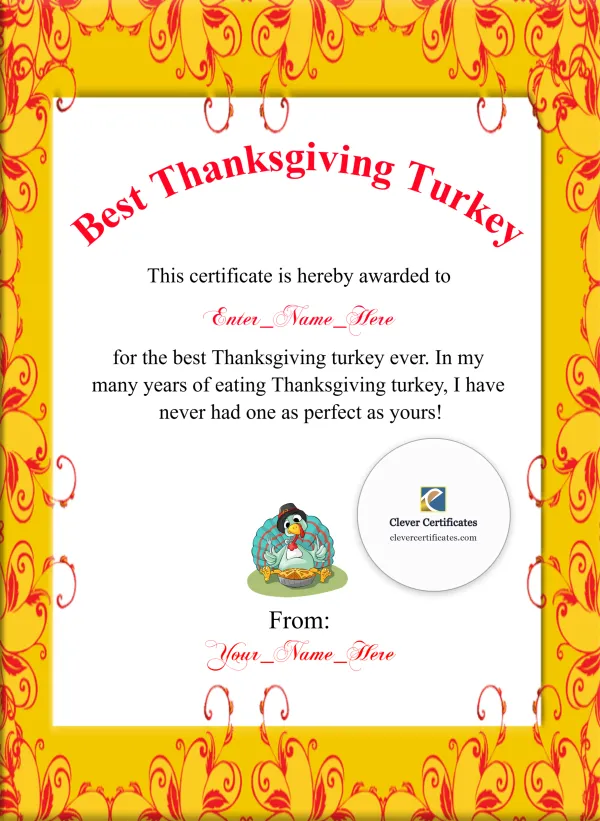 Free Best Thanksgiving Turkey Award — Yellow And Red Swirl Portrait