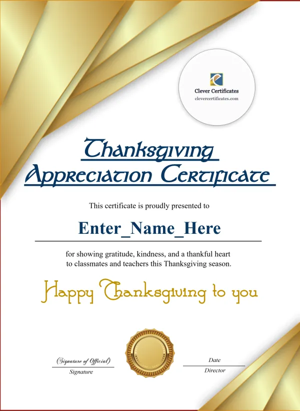 Free Thanksgiving Appreciation Certificate — Gold Modern Portrait