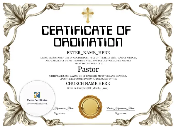 Free Pastor Ordination Certificate — Silver Acanthus Cross Landscape