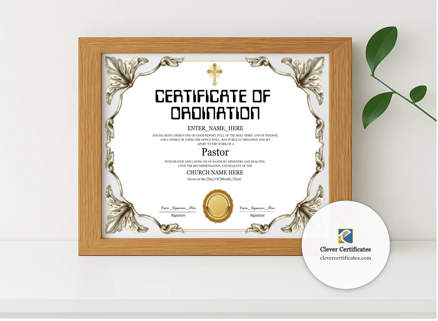 Realistic mockup featuring Pastor Ordination Certificate Black And Gold Landscape displayed within a modern frame, set against a minimalistic background.