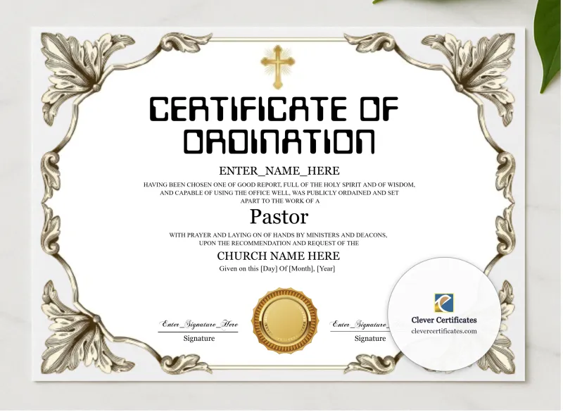 Pastor Ordination Certificate Black And Gold Landscape presented in a sleek wooden frame, elegantly arranged on a stylish table.