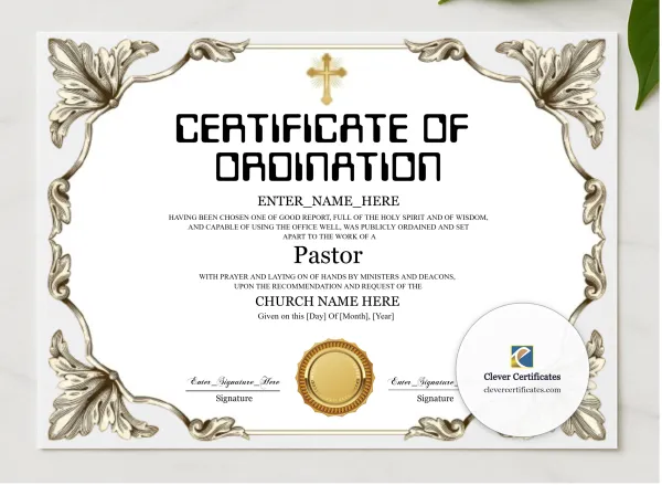 Pastor Ordination Certificate Black And Gold Landscape presented in a sleek wooden frame, elegantly arranged on a stylish table.
