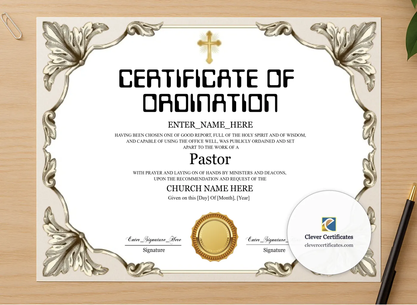 Professional preview of Pastor Ordination Certificate Black And Gold Landscape certificate on high-quality stationery paper, ideal for showcasing the final look.